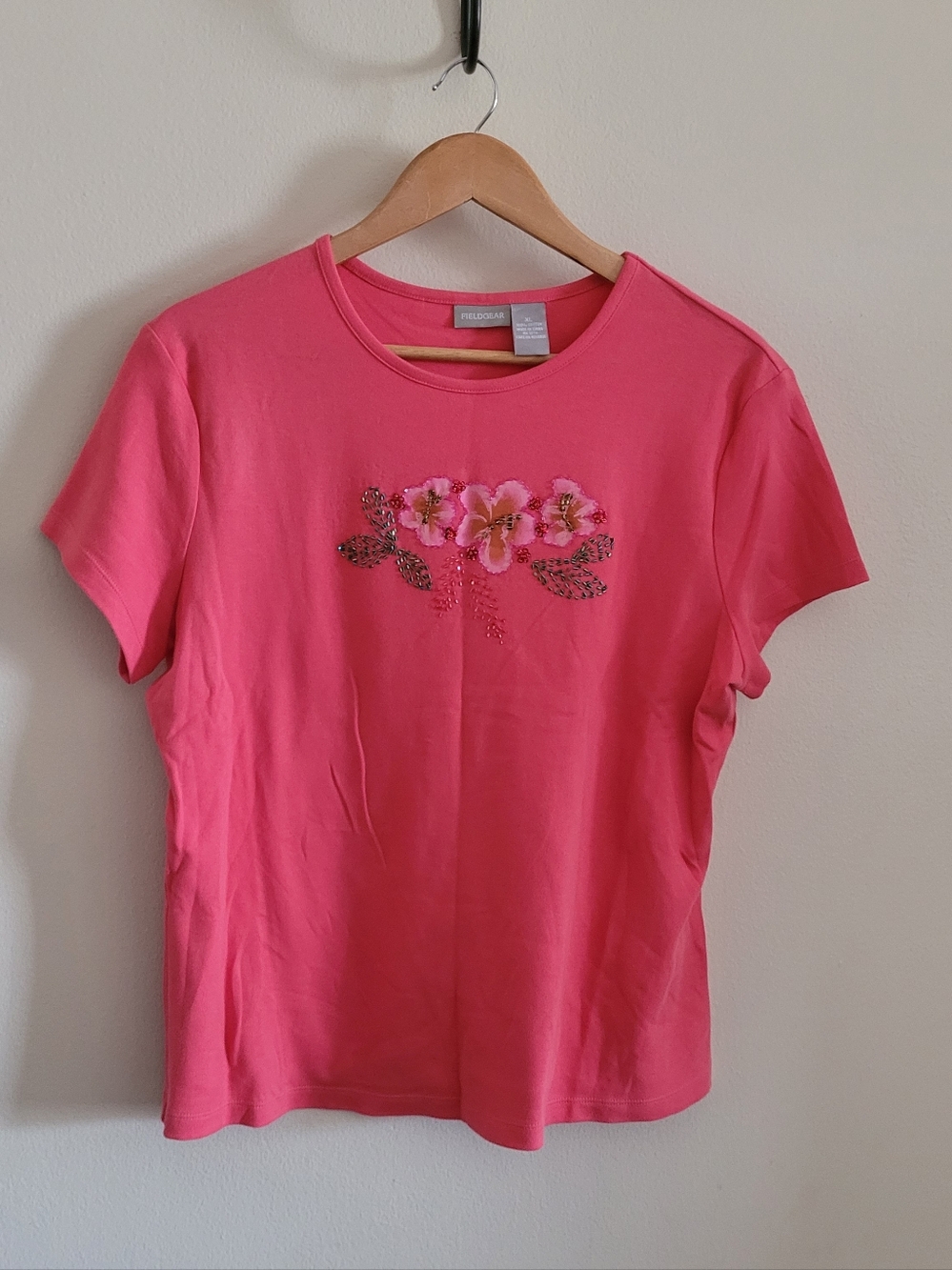 Field Gear Beaded Floral Embellished Cotton Tee, Women's XL, Warm Pink Coral